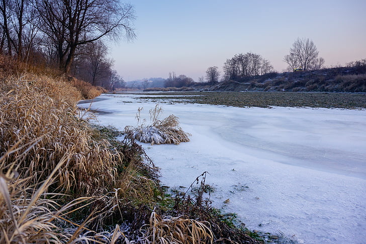 river, frozen river, winter, ice, landscape, riverbank, the river raba