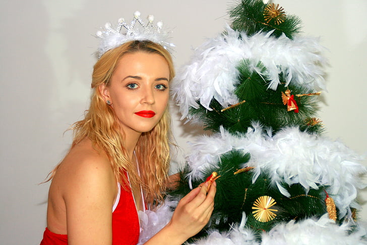 girl, christmas tree, wreath, snowflakes, white, christmas, decorations