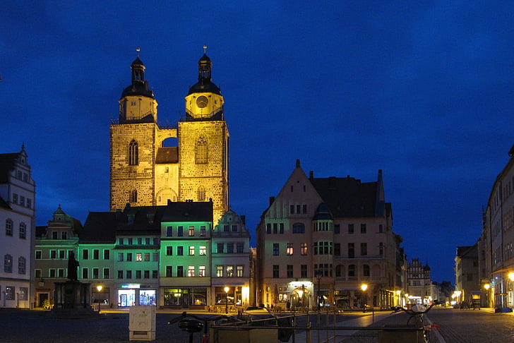 Wittenberg, Luther, kostel, abendstimmung, město, noční, Architektura