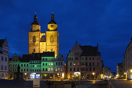 Wittenberg, Liuteris, bažnyčia, abendstimmung, Miestas, naktį, Architektūra