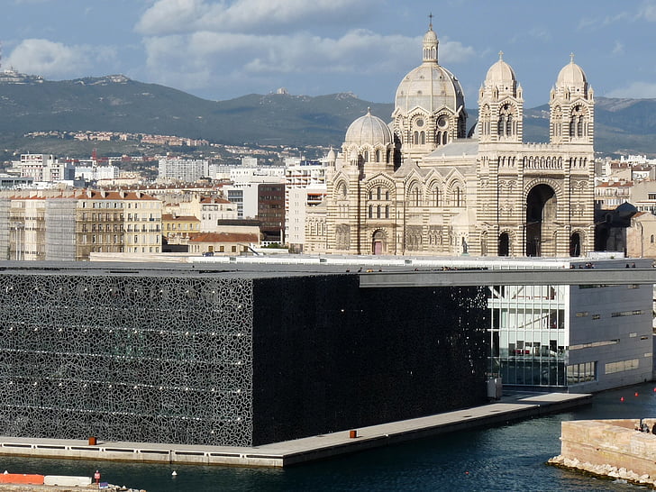a nagy katedrális, Marseille, MuCEM, építészet, híres hely, utca-és városrészlet, városi táj