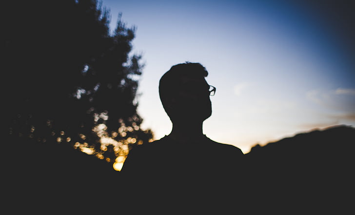 silhouette, man, wearing, eyeglasses, sunset, person, adult