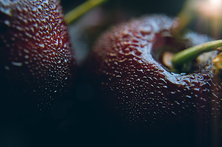 Blur, kirsebær, close-up, mørk, dugdråber, fokus, frugt