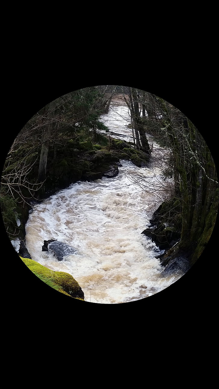 slumpån, water, spring flood, forest, round, photo effect, brook