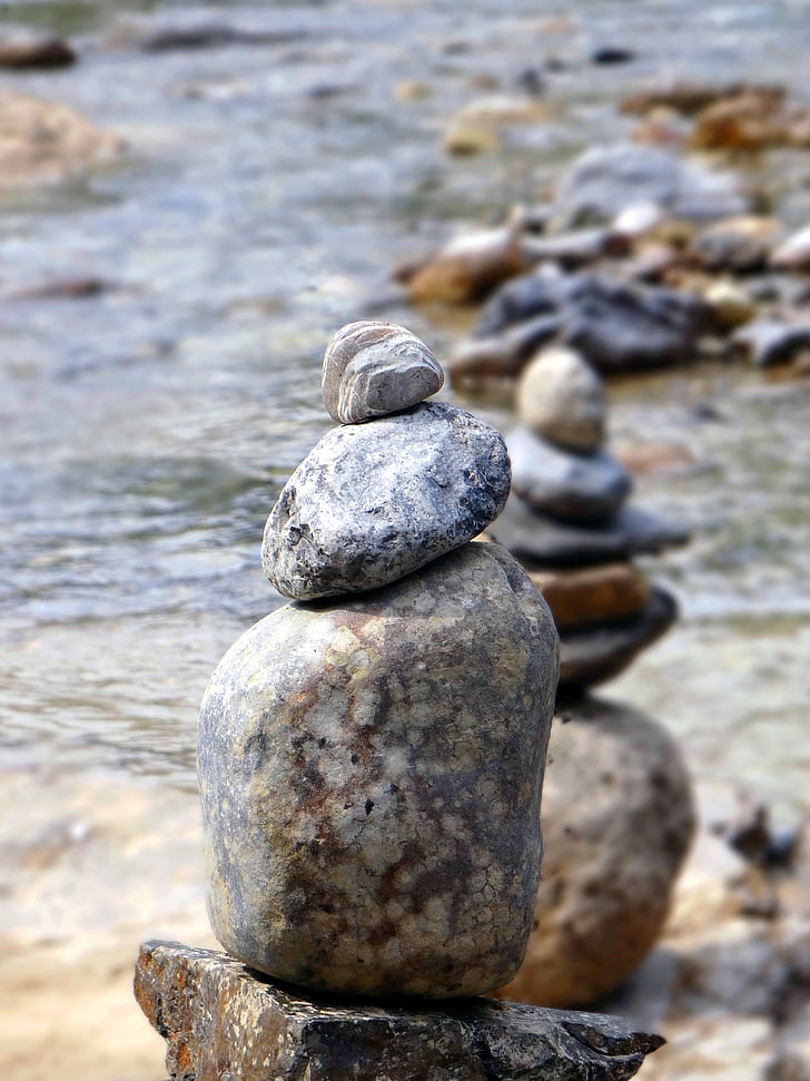 stones, balance, zen, meditation, calm, river, water