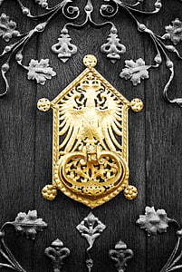 puerta, oro, placa de puerta, brillante, metal, hardware, antigua