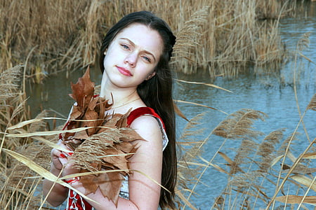 girl, princess, lake, reed, leaves, dress, story