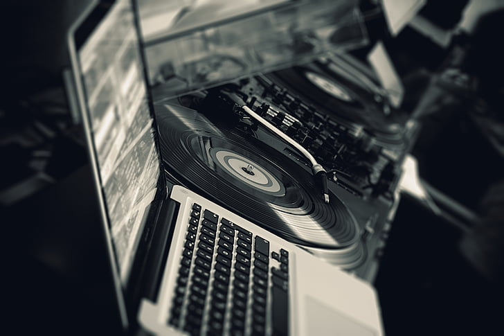 DJ, muzika, patefonas, skaitmeninis, technologijos, kompiuteris, senamadiškas