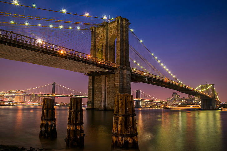 Manhattan, tiltas, Architektūra, pastatas, infrastruktūros, žibintai, vandenyno