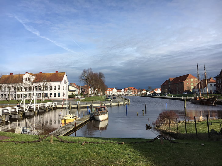 arranque, agua, Puerto, soleado, cielo, Tönning, Alemania