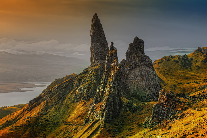 rocha, Escócia, Ilha de skye, velho de storr, nuvens, céu, paisagem