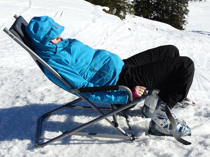 rilassarsi, après-ski, resto, giacca da sci, sedia a sdraio, prendere il sole, neve