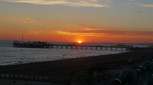 Brighton, naplemente, Pier, óceán, tenger, Beach, tengeri tájkép