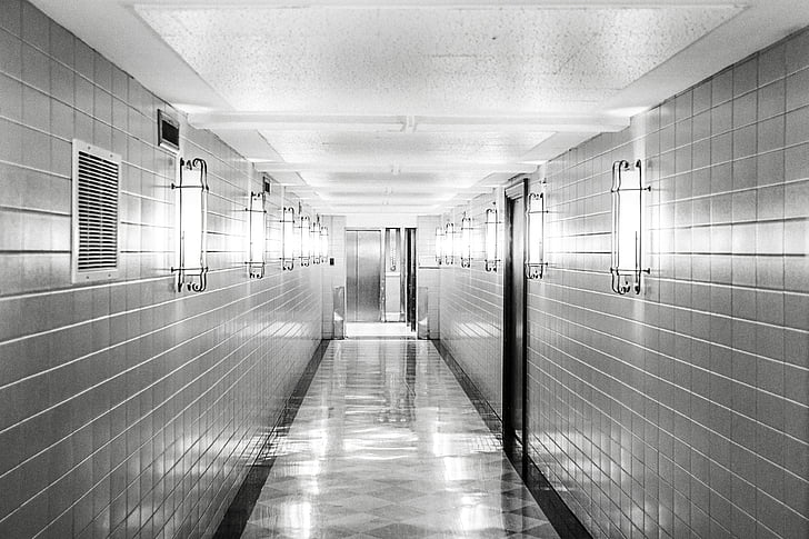 corridor, hallway, floor, tiles, empty, clean, black and white