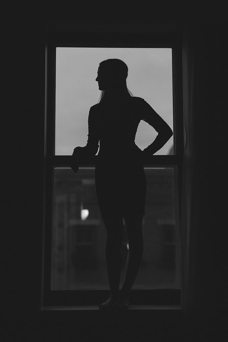 adult, backlit, black-and-white, dark, indoors, light, model