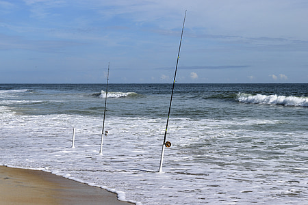 surfati ribolov, oceana, udaranje mora o obalu, valovi, plaža, štapovi za ribolov, role