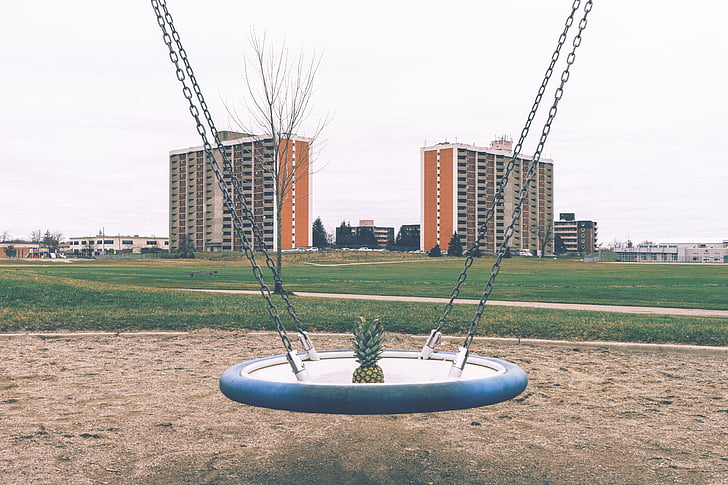 pineapple, swing, buildings, playground, landscape
