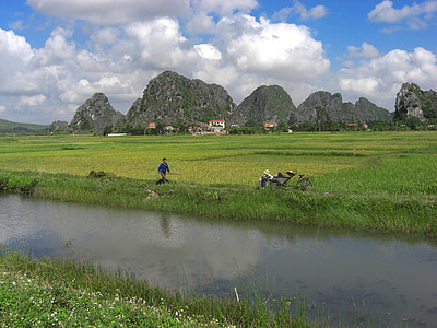 Vjetnama, ainava, upes, straume, ūdens, pārdomas, kalni