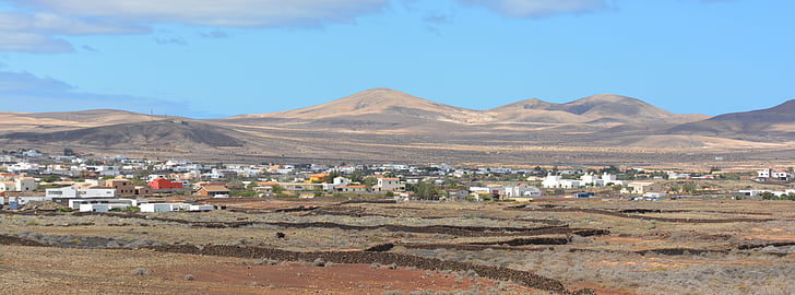 Lajares, Fuerteventura, Village, Se, Panorama, huse, bjerge