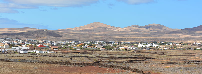 lajares, Fuerteventura, vila, modo de exibição, Panorama, casas, montanhas