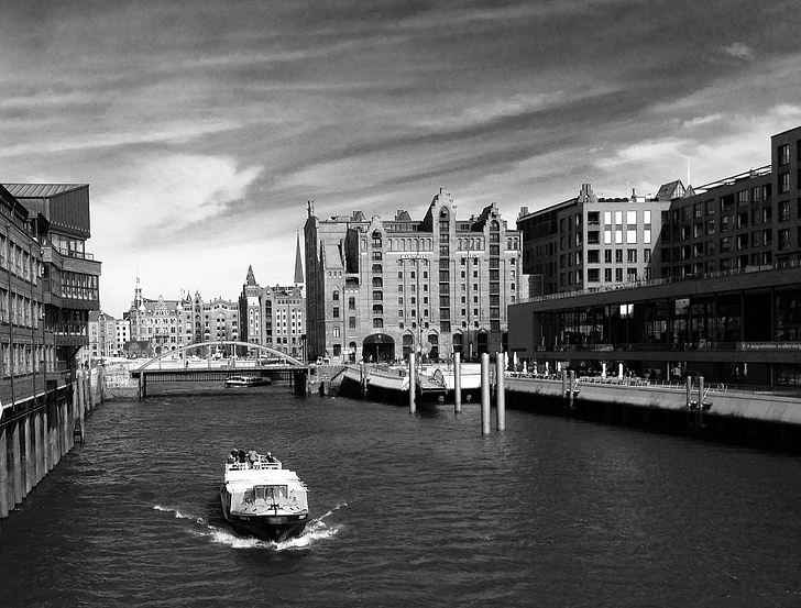 Speicherstadt, Hamburg, byggnad, tegel, vattenvägar, svart och vitt