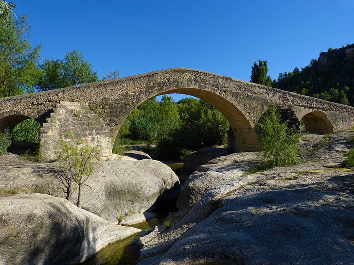 pont, romane, médiévale, rivière, roches, construction, architecture médiévale