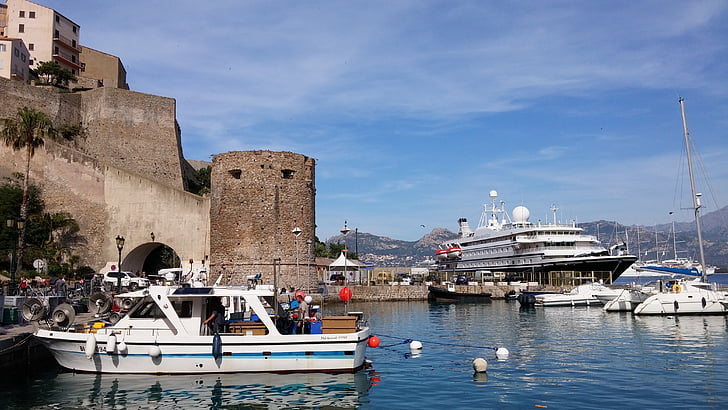 Korzika, kikötői bejárat, hajó, csónakok, Castle, eltelt, Port