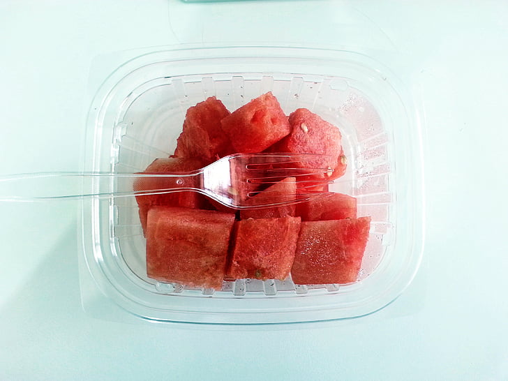 close, photo, sliced, water, melon, cubes, clear