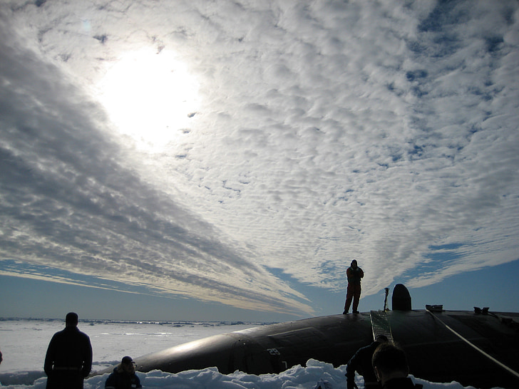 kapal selam, Arktik, Kutub Utara, muncul, es, langit, awan