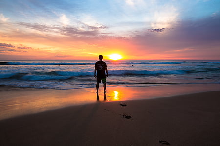 silhouette, man, beach, sunset, people, alone, sea