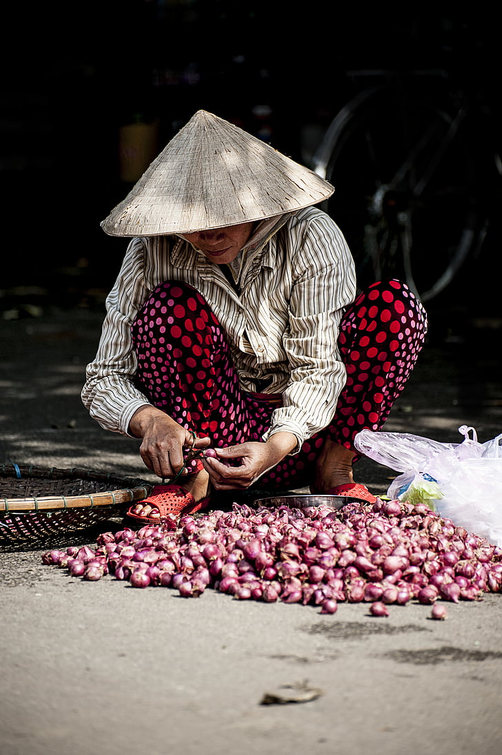 adult, agriculture, food, market, onions, outdoors, person