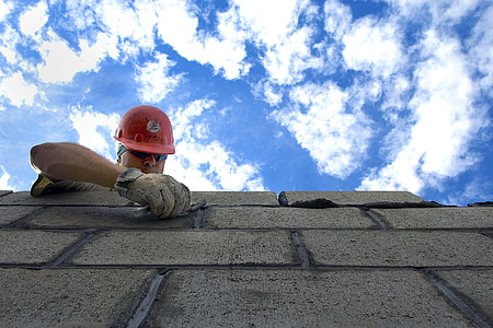 sky, clouds construction, brick layer, man, hardhat, outside, labor