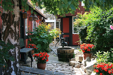 bornholm, denmark, backyard, garden, fountain