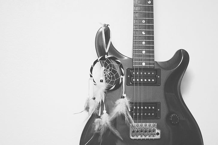 gitar, instrumen, musik, hitam, putih, musik, string
