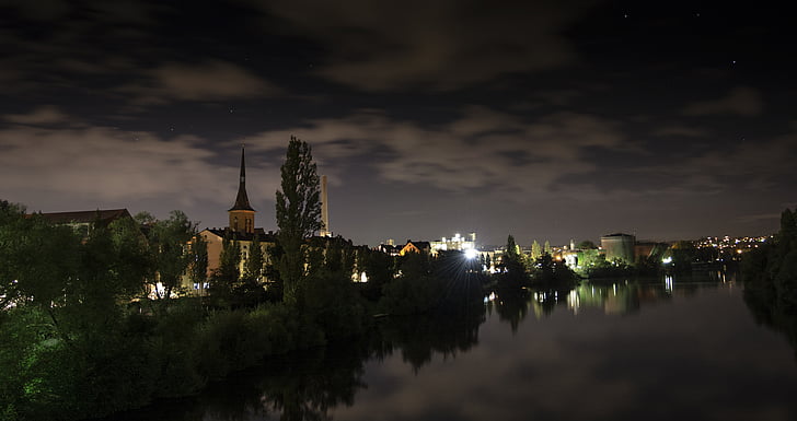 sông, chính, đêm, cảnh quan thành phố, Đức, Frankfurt, phản ánh