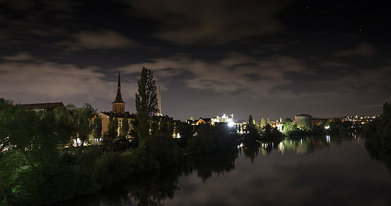 강, 주요, 밤, 도시 풍경, 독일, 프랑크푸르트, 반사
