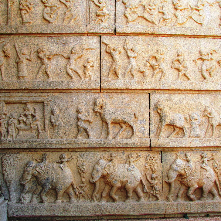 esculturas, paredes, templos, Índia, elefantes, guerreiros, pedras