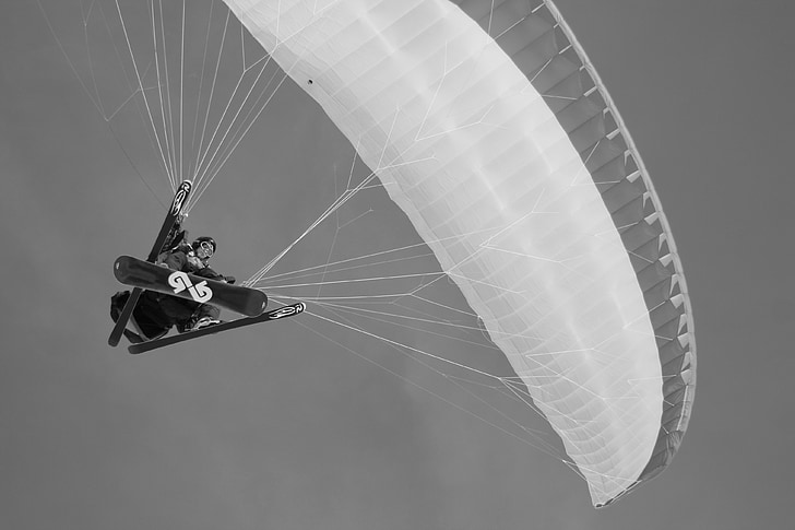 paragliding, ski, alps, black and white, winter sport