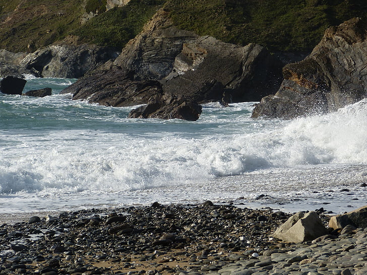 pedras, litoral, Cornwall, mar, onda, Costa, maré alta