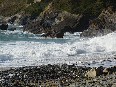 rocks, coastline, cornwall, sea, wave, shore, high tide