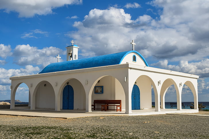 Kypr, Ayia thekla, kostel, Architektura, bílá, modrá, Středomořská