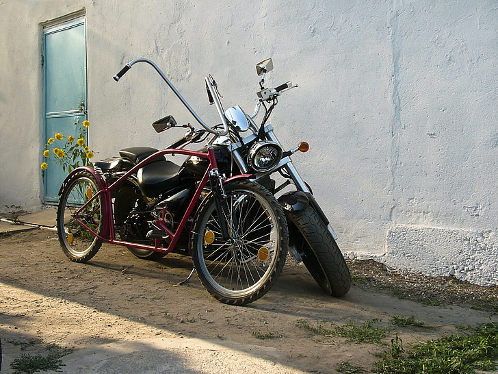 old friends, motorcycle, bicycle