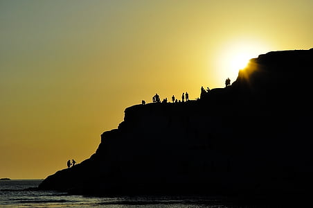 avventura, Costa, escursionisti, roccia, silhouettes, Alba, tramonto