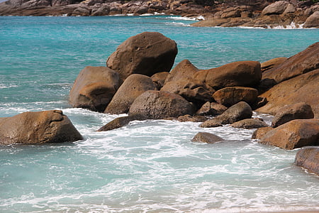 beach, seychelles, water, sea, stones, rock, praslin