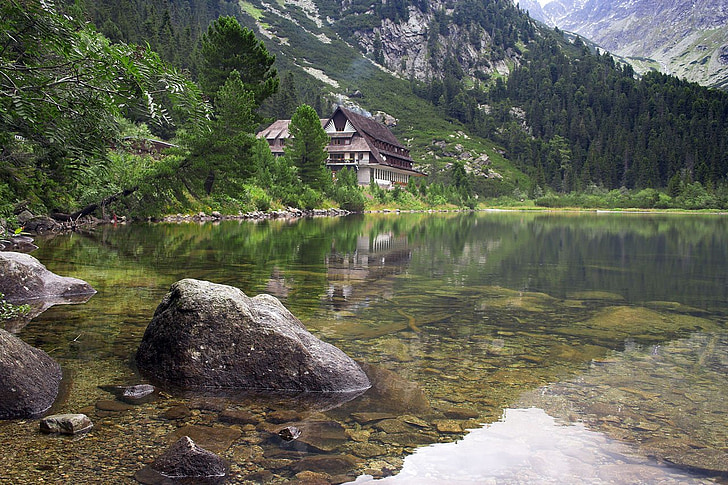 chalet, high, slovakia, stone, rock, water, mountains