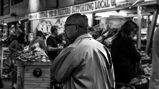 black-and-white, man, market, people, street