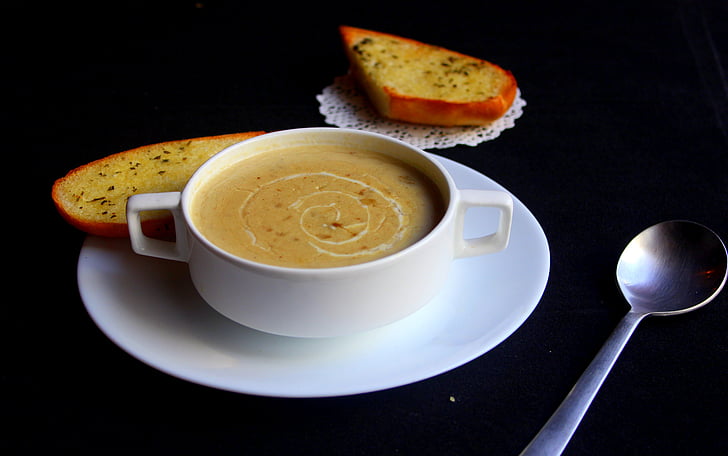 soup, steaming, bread