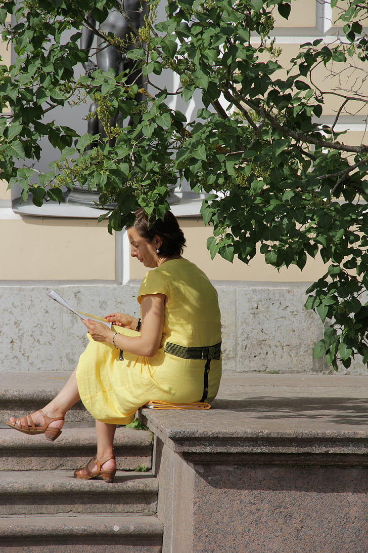 woman, shadow, read, yellow dress, summer