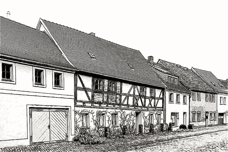 bản vẽ, phác thảo, kiến trúc, ngôi nhà, fachwerkhaus, mặt tiền, màu đen và trắng