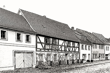Zeichnung, Skizze, Architektur, Häuser, Fachwerkhaus, Fassaden, schwarz / weiß